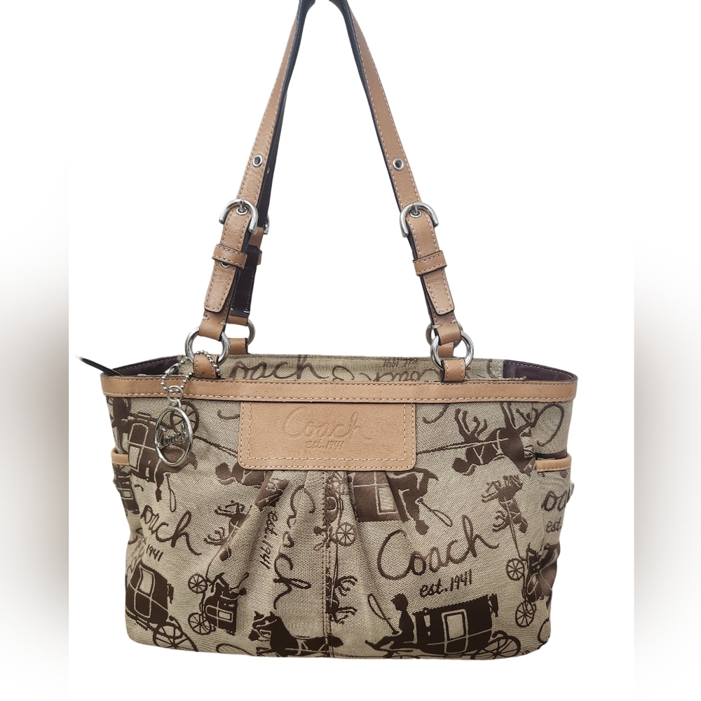 Coach Brown Canvas Tote Leather Trim Horse & Carriage Bag